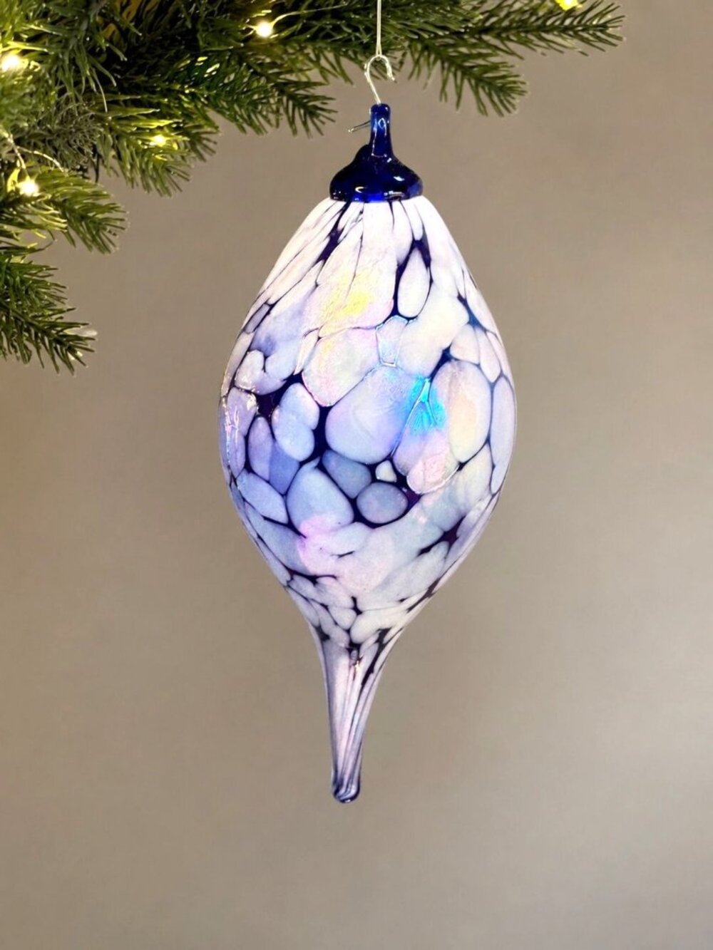 Hand Blown Art Glass Ornament White Cobalt Blue Iridescent Finial Drop 6 1/2"